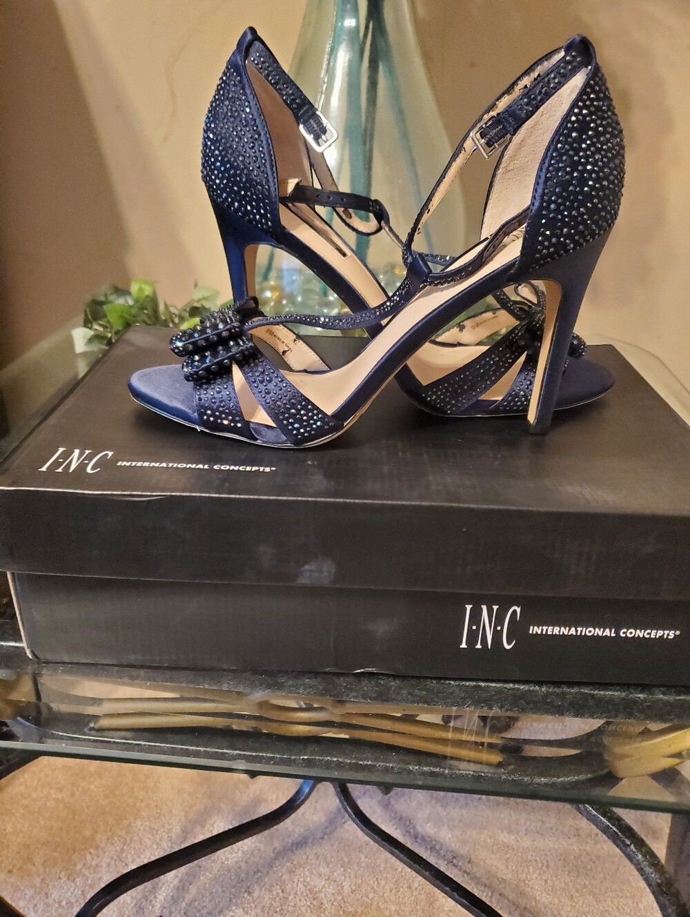 INC International Concepts Navy Rhinestone Strappy Heels